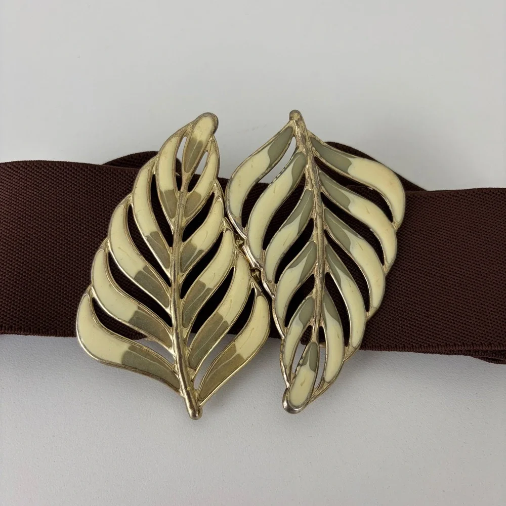 Vintage Brown Elastic Cinch Belt Gold Leaf Enamel Buckle Retro Waist Belt Sz M